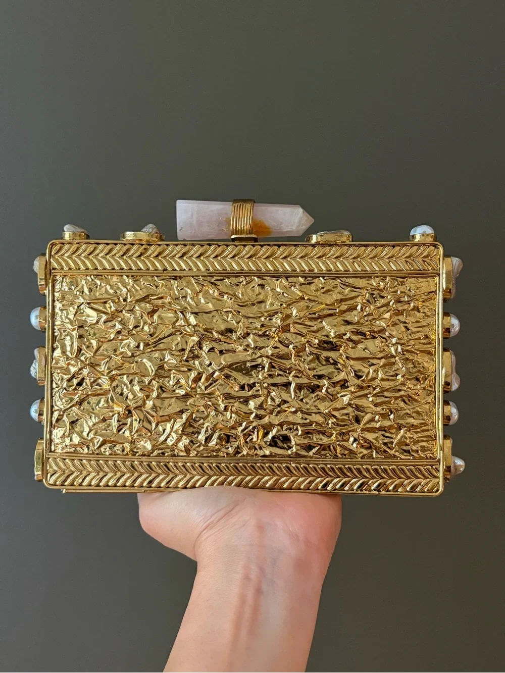 Gold and Shell Rectangular Evening Clutch with Rose Quartz Accent